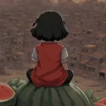 Ilustrasi Gadis Kecil Duduk Di Atas Buah Semangka.