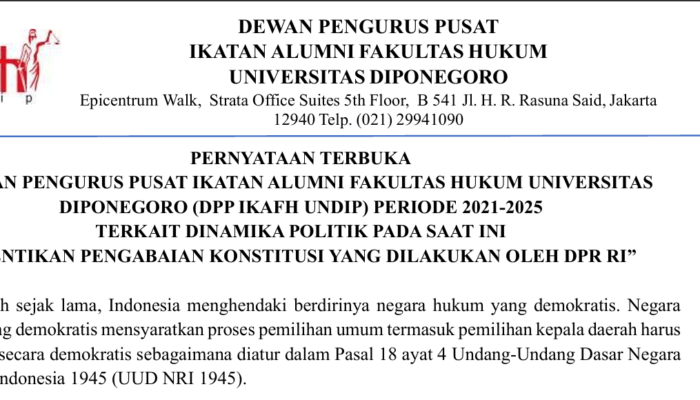 IKAFH UNDIP Kritik DPR RI: Jangan Abaikan Putusan MK Tentang Pilkada